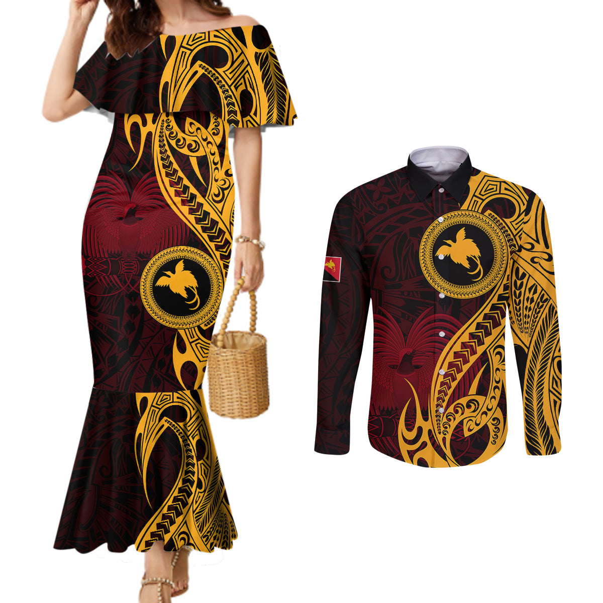 Papua New Guinea Island Couples Matching Mermaid Dress and Long Sleeve Button Shirts Bird of Paradise with Gold Polynesian Tribal LT9 Gold - Polynesian Pride