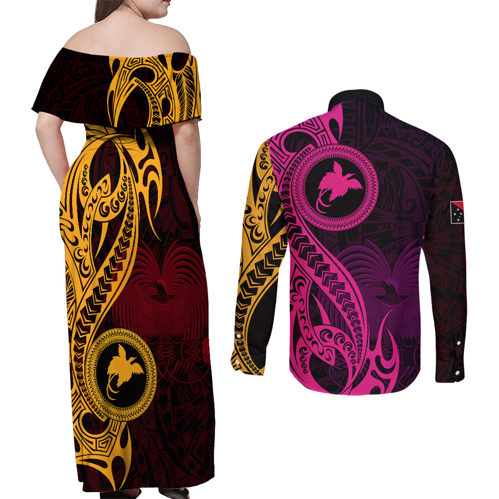 Papua New Guinea Island Couples Matching Off Shoulder Maxi Dress and Long Sleeve Button Shirts Bird of Paradise with Gold Polynesian Tribal LT9 - Polynesian Pride