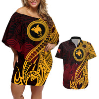 Papua New Guinea Island Couples Matching Off Shoulder Short Dress and Hawaiian Shirt Bird of Paradise with Gold Polynesian Tribal LT9 Gold - Polynesian Pride