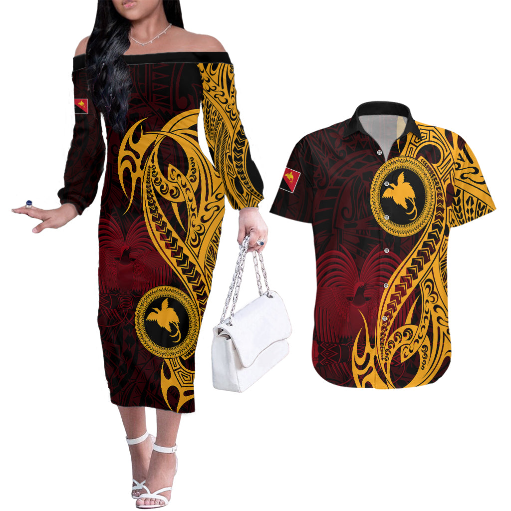 Papua New Guinea Island Couples Matching Off The Shoulder Long Sleeve Dress and Hawaiian Shirt Bird of Paradise with Gold Polynesian Tribal LT9 Gold - Polynesian Pride