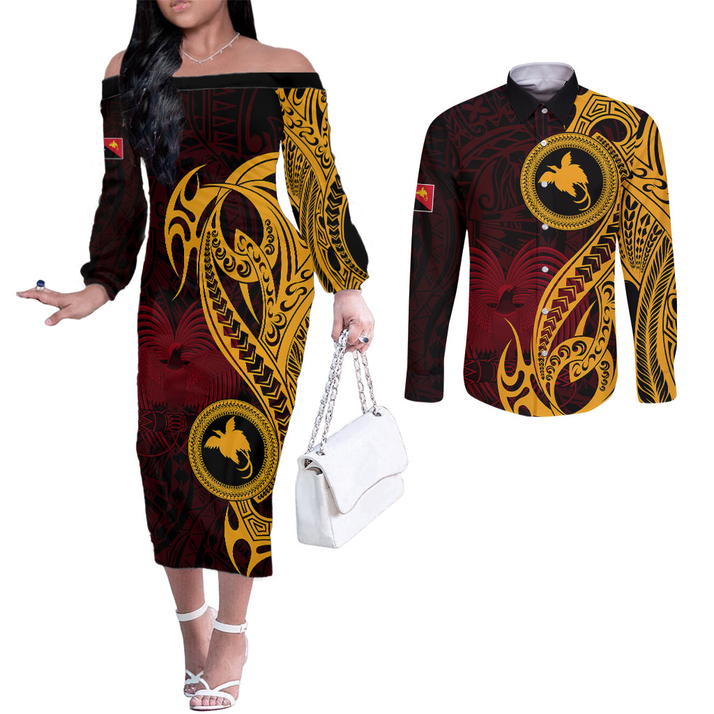 Papua New Guinea Island Couples Matching Off The Shoulder Long Sleeve Dress and Long Sleeve Button Shirts Bird of Paradise with Gold Polynesian Tribal LT9 Gold - Polynesian Pride