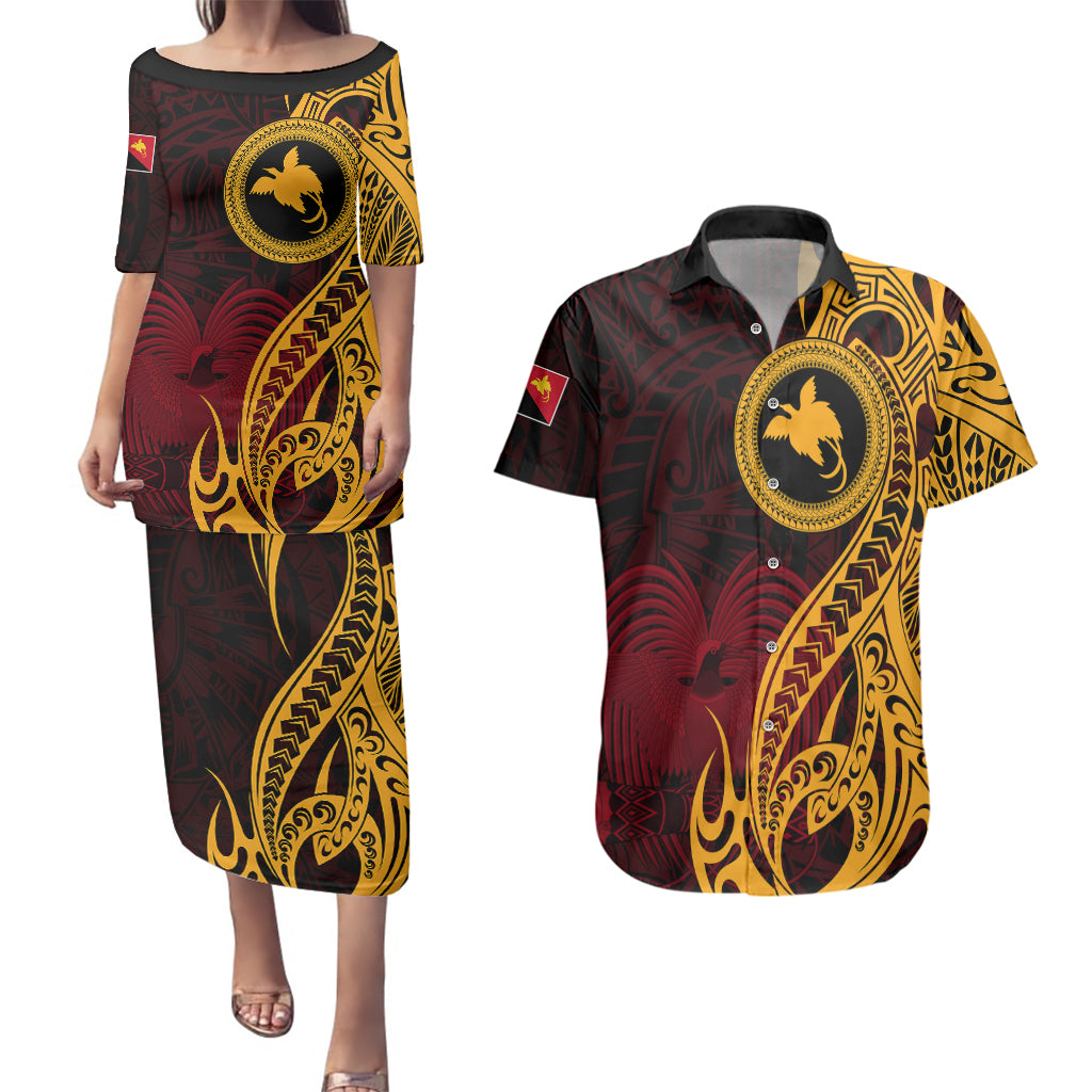 Papua New Guinea Island Couples Matching Puletasi Dress and Hawaiian Shirt Bird of Paradise with Gold Polynesian Tribal LT9 Gold - Polynesian Pride