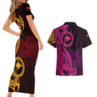 Papua New Guinea Island Couples Matching Short Sleeve Bodycon Dress and Hawaiian Shirt Bird of Paradise with Gold Polynesian Tribal LT9 - Polynesian Pride