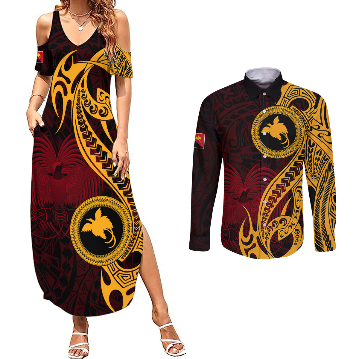 Papua New Guinea Island Couples Matching Summer Maxi Dress and Long Sleeve Button Shirts Bird of Paradise with Gold Polynesian Tribal LT9 Gold - Polynesian Pride
