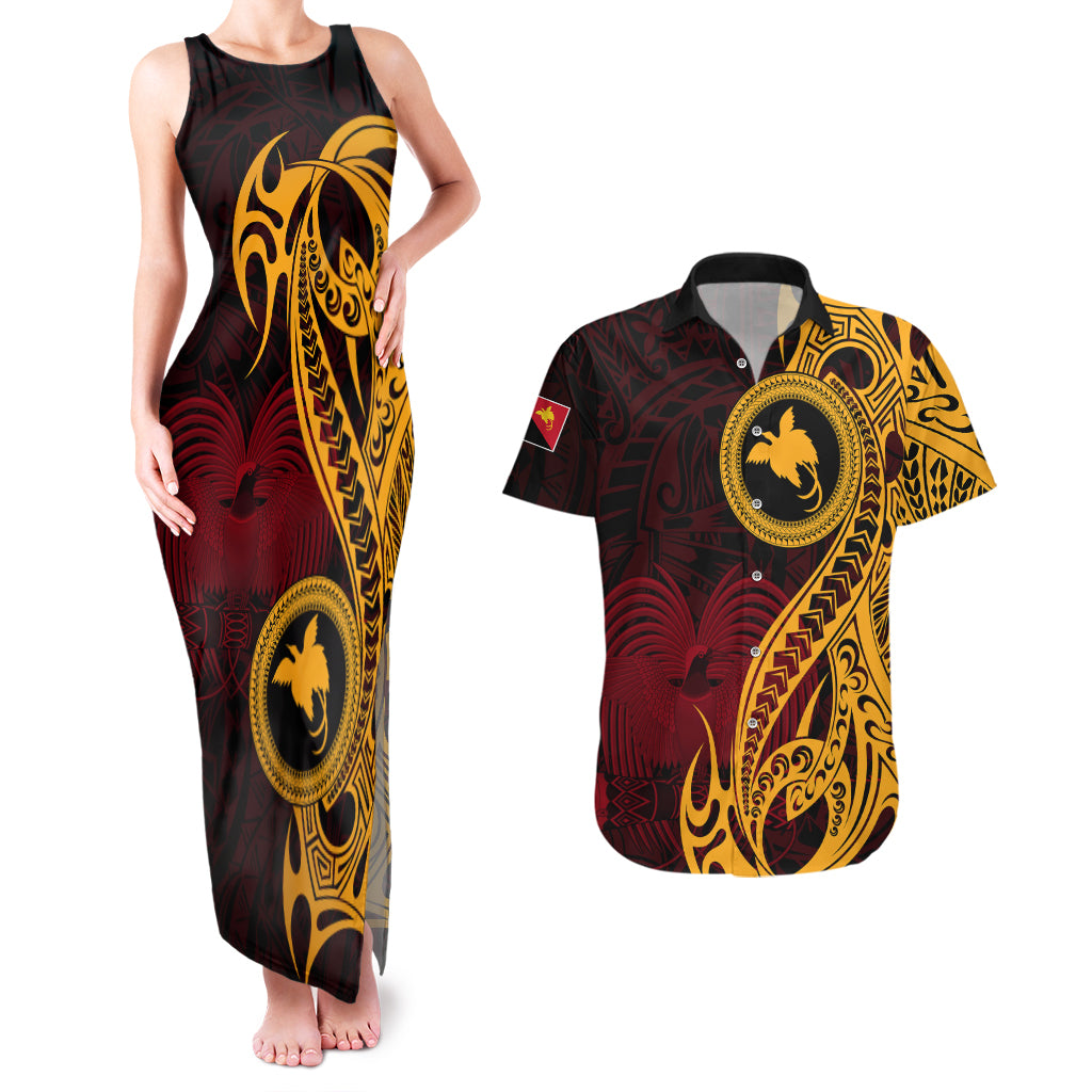 Papua New Guinea Island Couples Matching Tank Maxi Dress and Hawaiian Shirt Bird of Paradise with Gold Polynesian Tribal LT9 Gold - Polynesian Pride