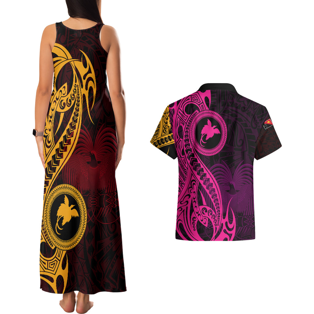 Papua New Guinea Island Couples Matching Tank Maxi Dress and Hawaiian Shirt Bird of Paradise with Gold Polynesian Tribal LT9 - Polynesian Pride