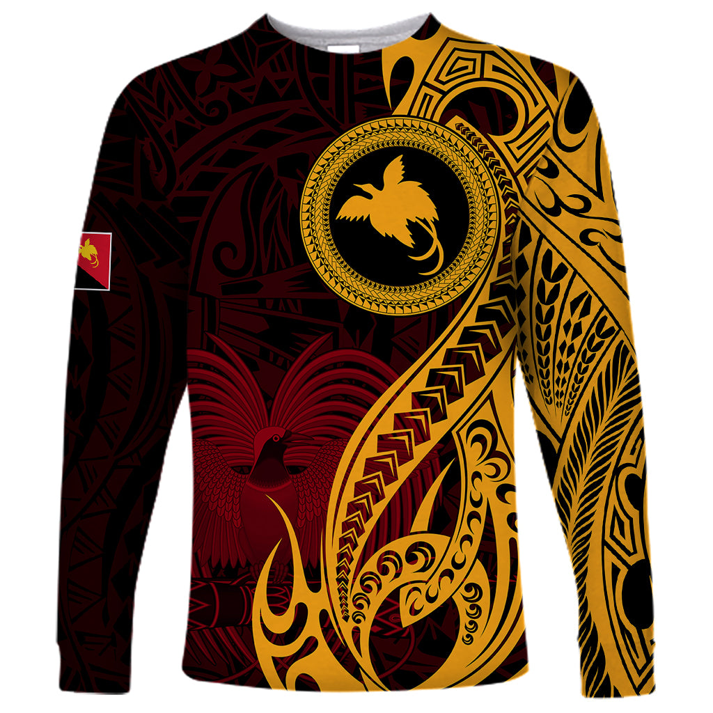 Papua New Guinea Island Long Sleeve Shirt Bird of Paradise with Gold Polynesian Tribal LT9 Unisex Gold - Polynesian Pride