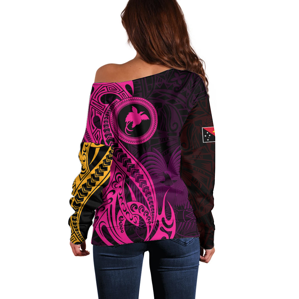 Papua New Guinea Island Off Shoulder Sweater Bird of Paradise with Gold Polynesian Tribal LT9 - Polynesian Pride