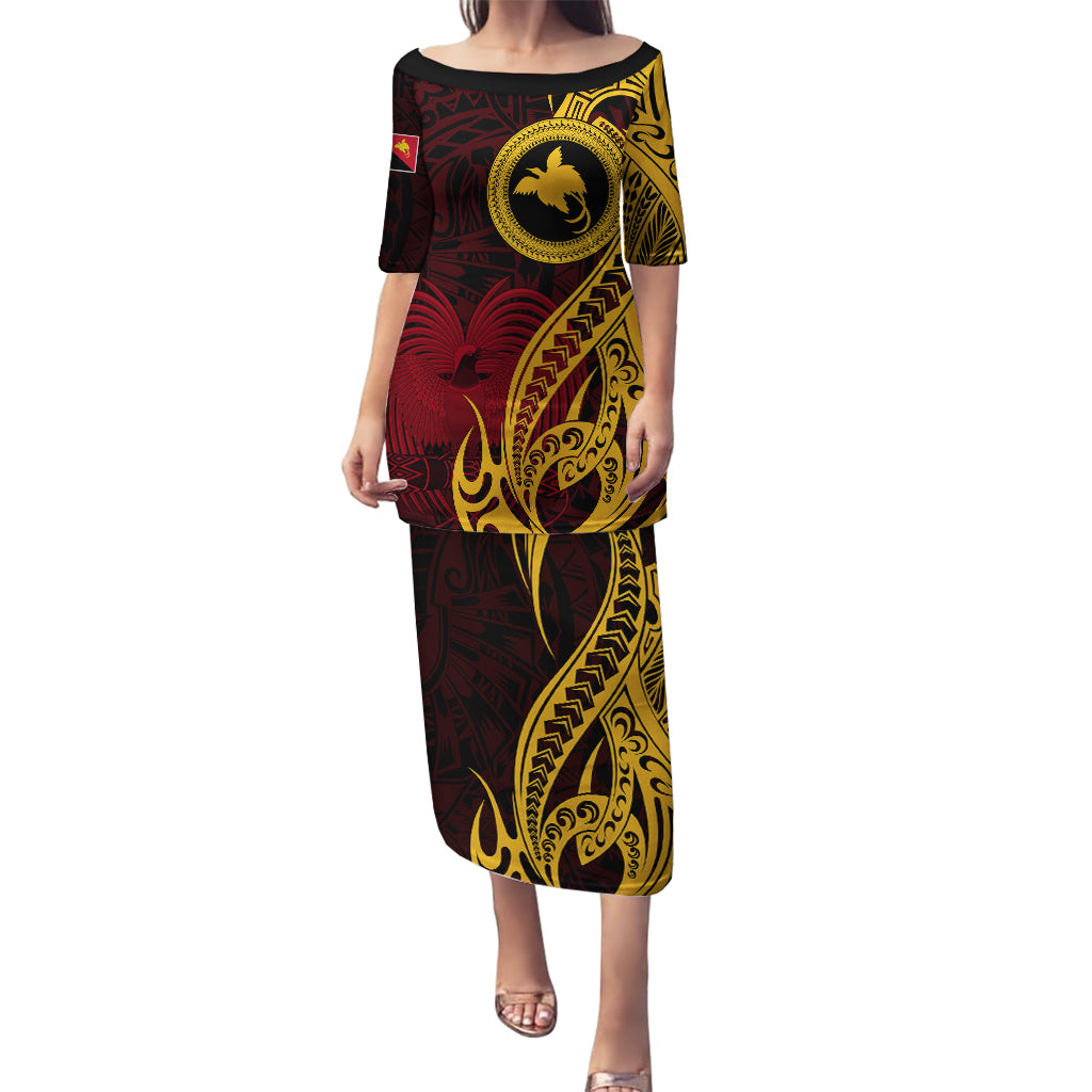Papua New Guinea Island Puletasi Bird of Paradise with Gold Polynesian Tribal LT9 Long Dress Gold - Polynesian Pride