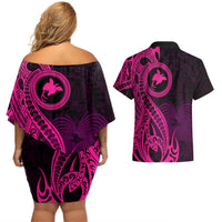 Papua New Guinea Island Couples Matching Off Shoulder Short Dress and Hawaiian Shirt Bird of Paradise with Pink Polynesian Tribal LT9 - Polynesian Pride