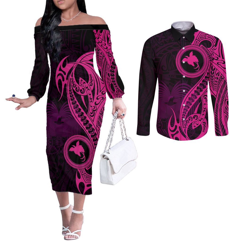 Papua New Guinea Island Couples Matching Off The Shoulder Long Sleeve Dress and Long Sleeve Button Shirts Bird of Paradise with Pink Polynesian Tribal LT9 Pink - Polynesian Pride