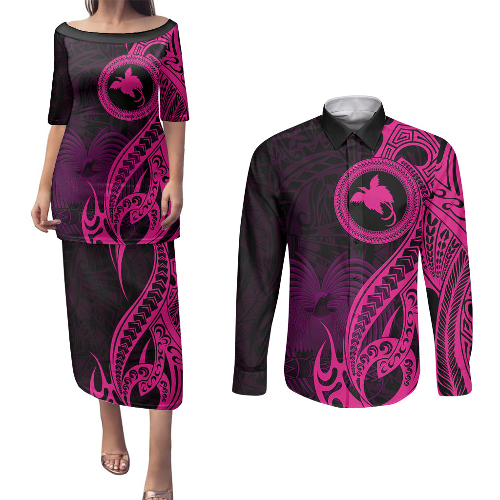 Papua New Guinea Island Couples Matching Puletasi Dress and Long Sleeve Button Shirts Bird of Paradise with Pink Polynesian Tribal LT9 Pink - Polynesian Pride