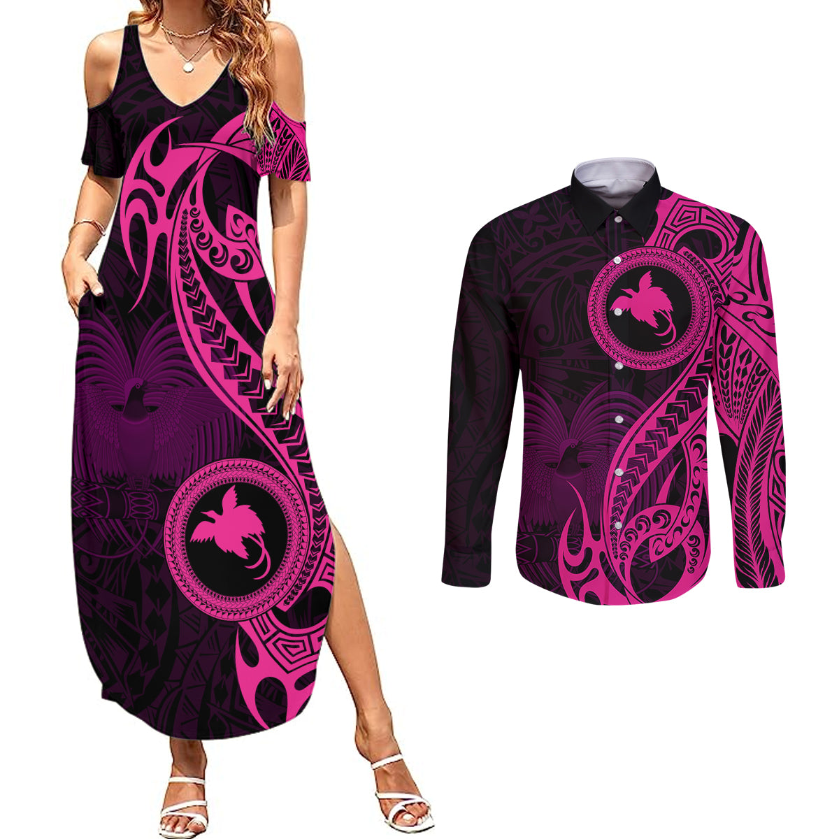Papua New Guinea Island Couples Matching Summer Maxi Dress and Long Sleeve Button Shirts Bird of Paradise with Pink Polynesian Tribal LT9 Pink - Polynesian Pride