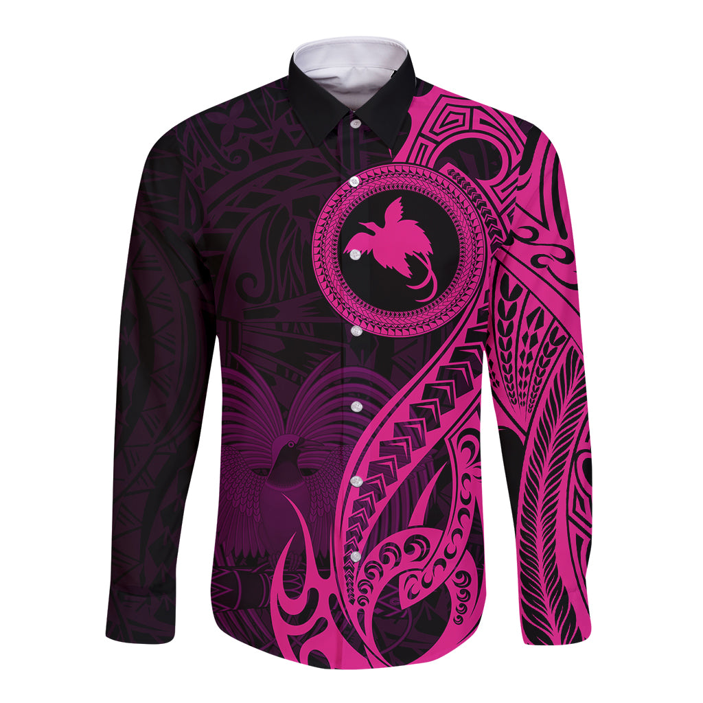 Papua New Guinea Island Long Sleeve Button Shirt Bird of Paradise with Pink Polynesian Tribal LT9 Unisex Pink - Polynesian Pride