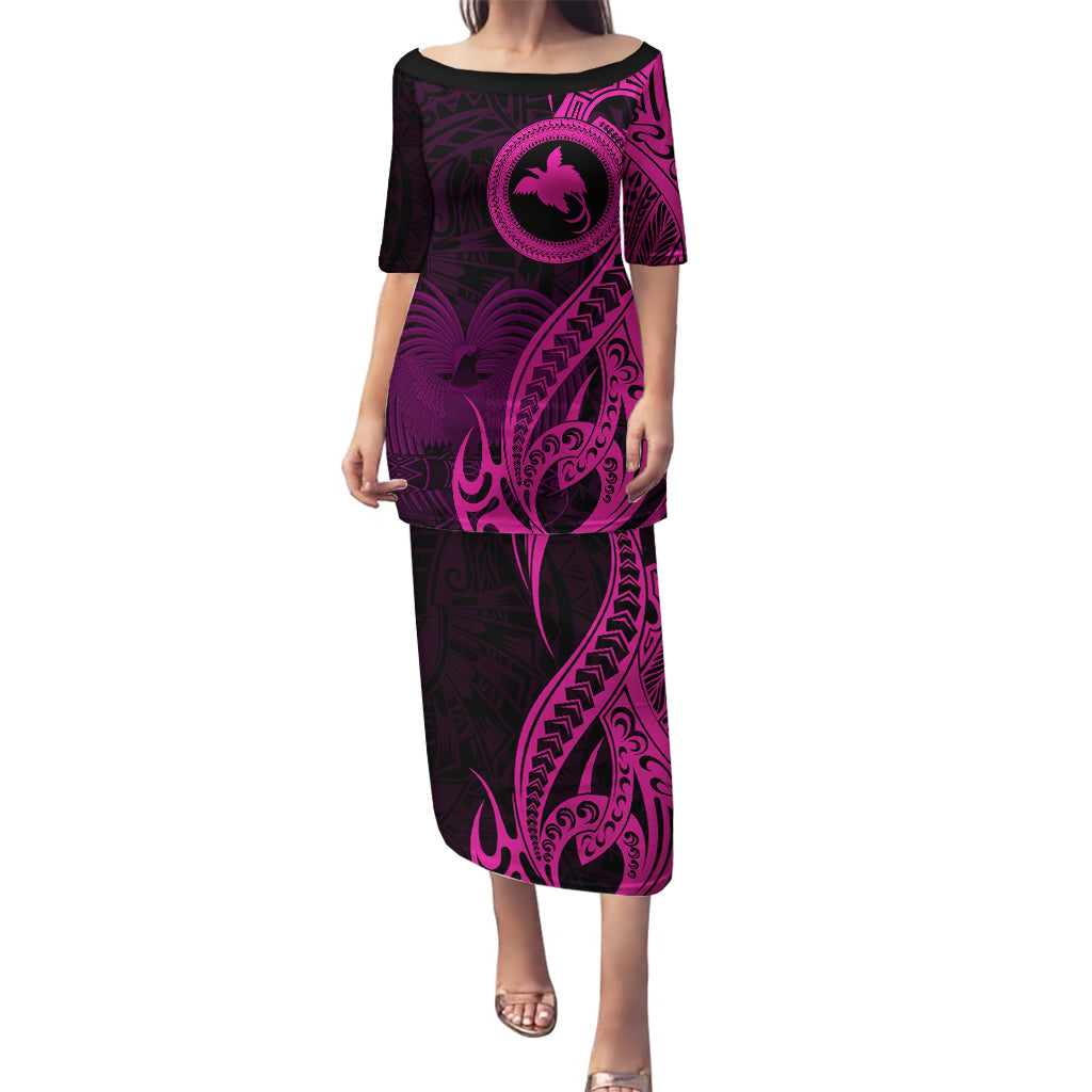 Papua New Guinea Island Puletasi Bird of Paradise with Pink Polynesian Tribal LT9 Long Dress Pink - Polynesian Pride