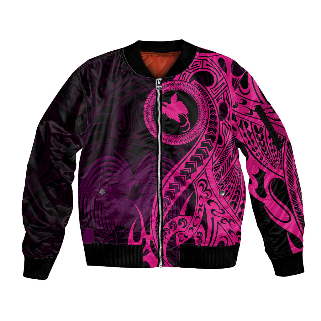 Papua New Guinea Island Sleeve Zip Bomber Jacket Bird of Paradise with Pink Polynesian Tribal LT9 Unisex Pink - Polynesian Pride
