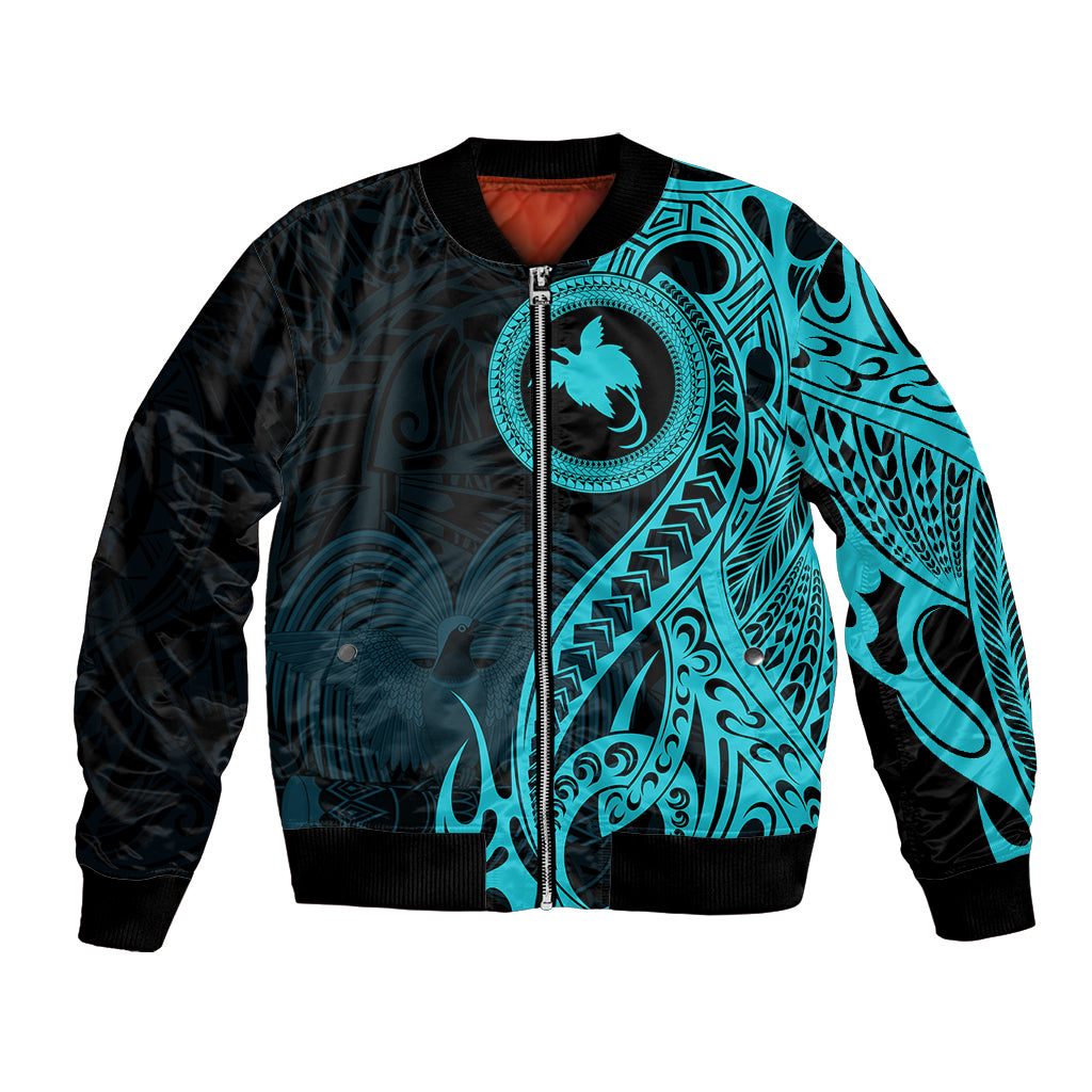 Papua New Guinea Island Bomber Jacket Bird of Paradise with Aqua Polynesian Tribal LT9 Unisex Aqua - Polynesian Pride