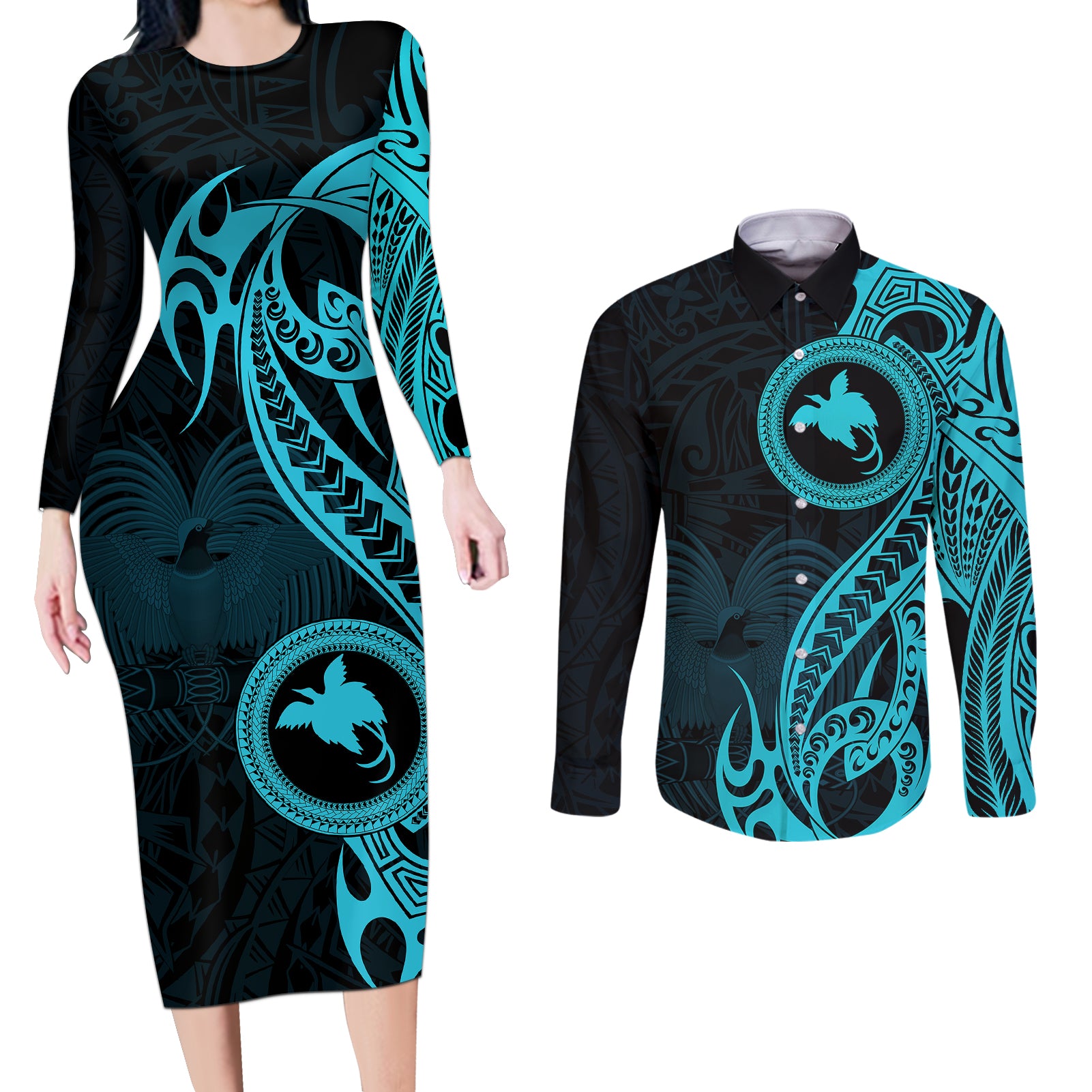 Papua New Guinea Island Couples Matching Long Sleeve Bodycon Dress and Long Sleeve Button Shirts Bird of Paradise with Aqua Polynesian Tribal LT9 Aqua - Polynesian Pride