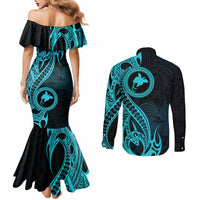 Papua New Guinea Island Couples Matching Mermaid Dress and Long Sleeve Button Shirts Bird of Paradise with Aqua Polynesian Tribal LT9 - Polynesian Pride