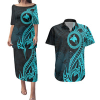 Papua New Guinea Island Couples Matching Puletasi Dress and Hawaiian Shirt Bird of Paradise with Aqua Polynesian Tribal LT9 Aqua - Polynesian Pride