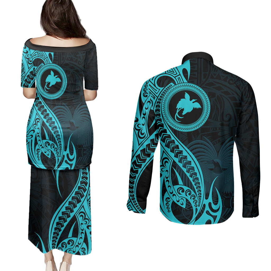 Papua New Guinea Island Couples Matching Puletasi Dress and Long Sleeve Button Shirts Bird of Paradise with Aqua Polynesian Tribal LT9 - Polynesian Pride