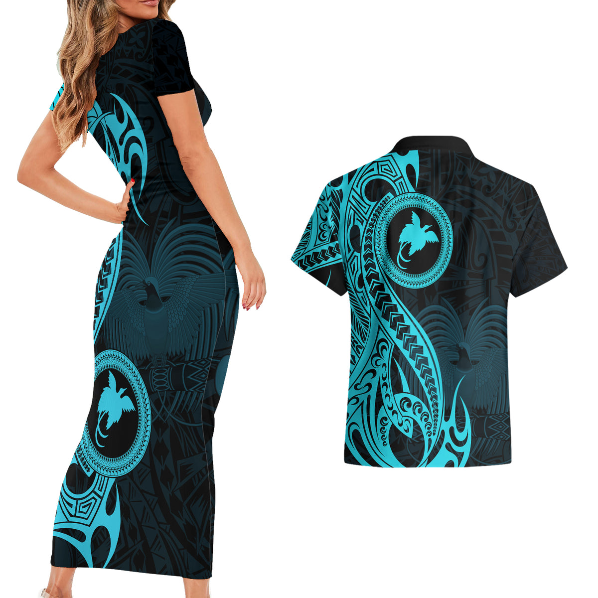 Papua New Guinea Island Couples Matching Short Sleeve Bodycon Dress and Hawaiian Shirt Bird of Paradise with Aqua Polynesian Tribal LT9 - Polynesian Pride