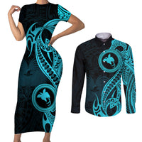 Papua New Guinea Island Couples Matching Short Sleeve Bodycon Dress and Long Sleeve Button Shirts Bird of Paradise with Aqua Polynesian Tribal LT9 Aqua - Polynesian Pride
