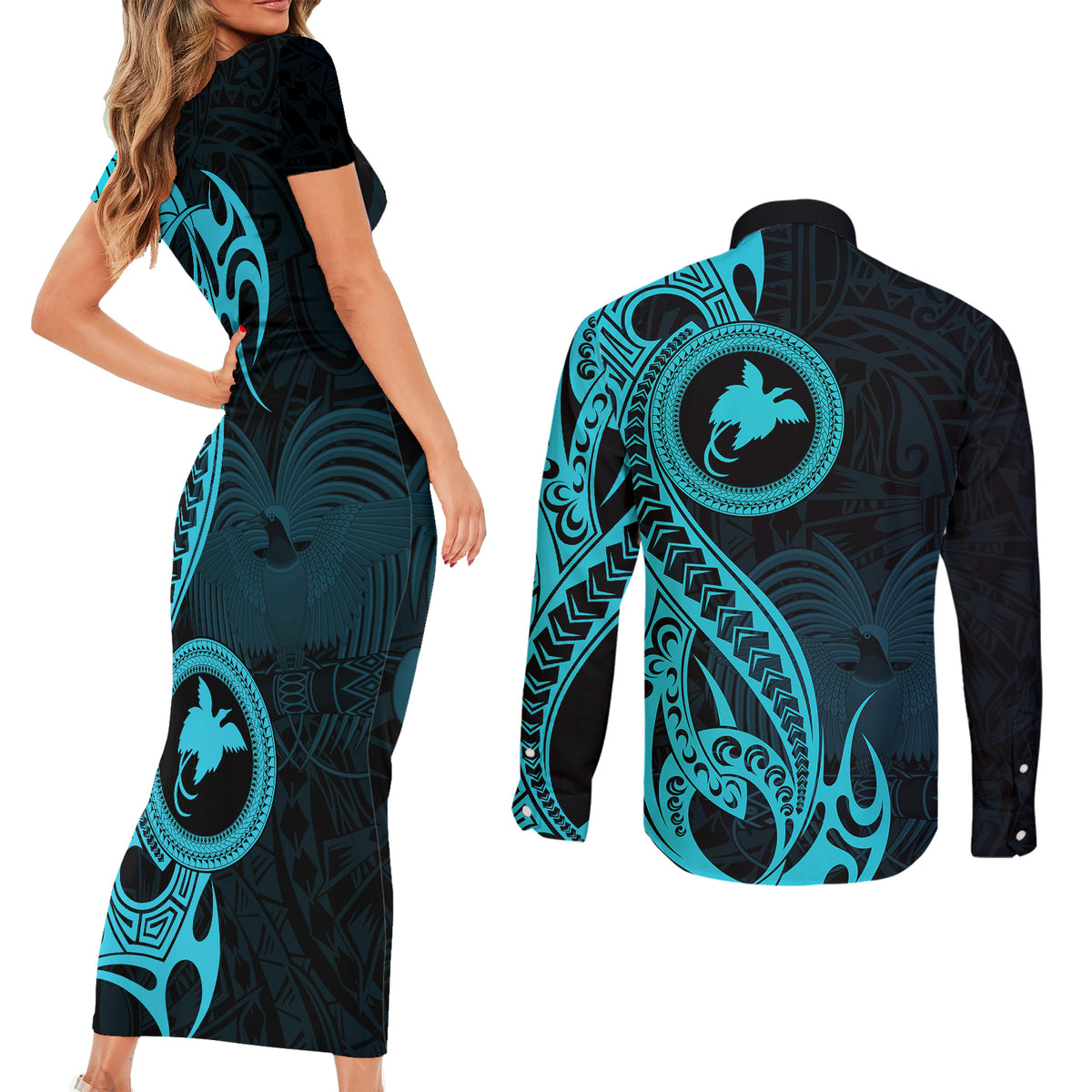Papua New Guinea Island Couples Matching Short Sleeve Bodycon Dress and Long Sleeve Button Shirts Bird of Paradise with Aqua Polynesian Tribal LT9 - Polynesian Pride