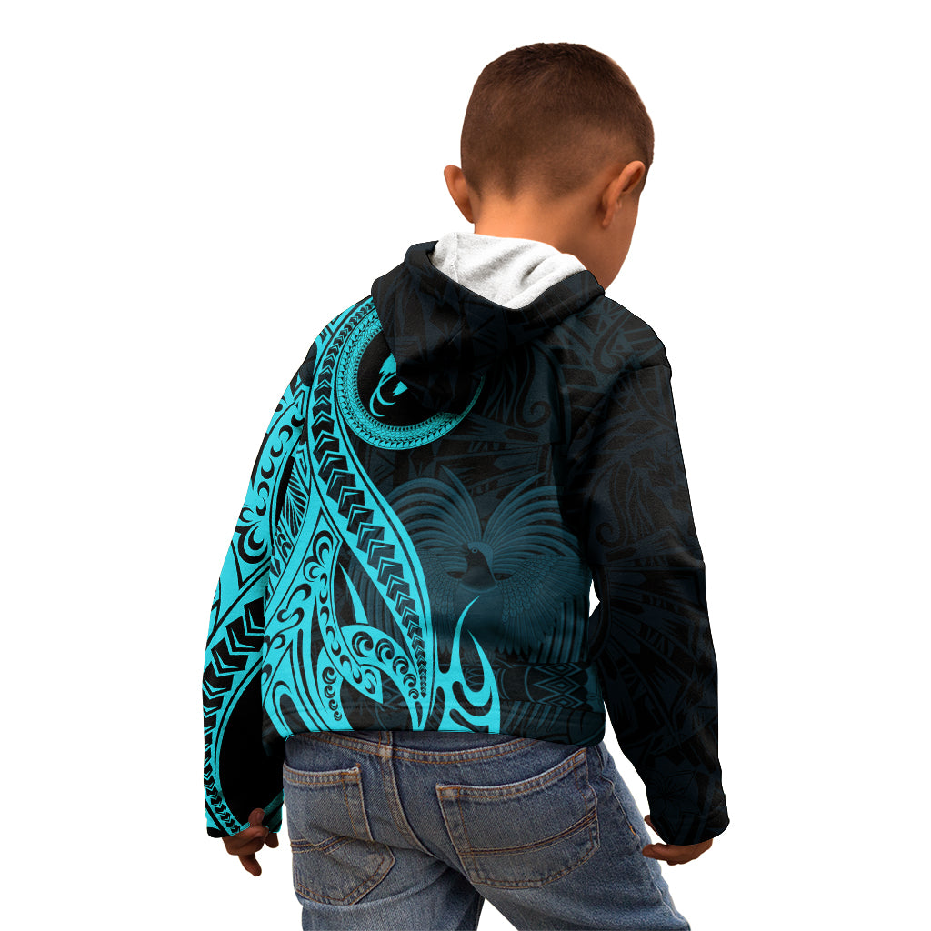Papua New Guinea Island Kid Hoodie Bird of Paradise with Aqua Polynesian Tribal LT9 - Polynesian Pride