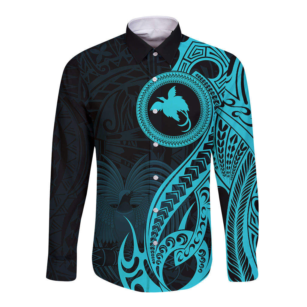 Papua New Guinea Island Long Sleeve Button Shirt Bird of Paradise with Aqua Polynesian Tribal LT9 Unisex Aqua - Polynesian Pride