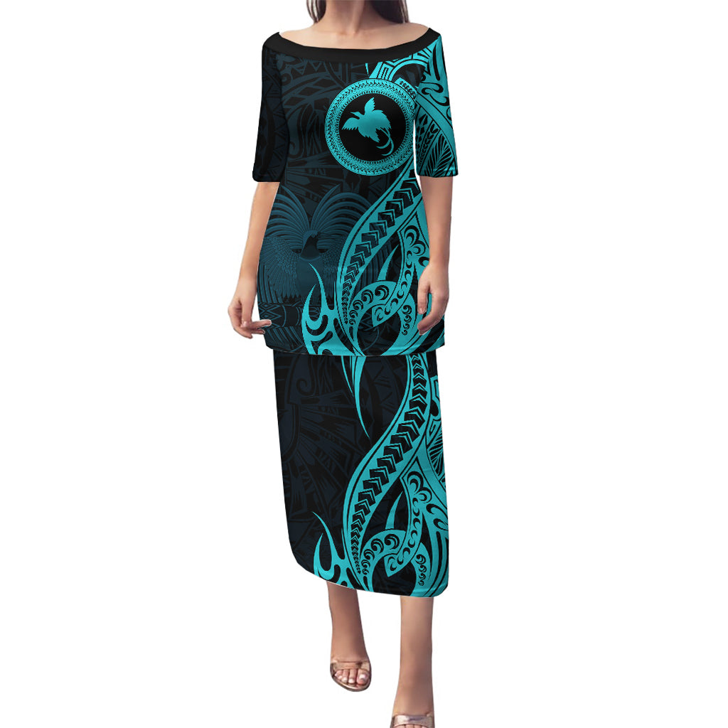 Papua New Guinea Island Puletasi Bird of Paradise with Aqua Polynesian Tribal LT9 Long Dress Aqua - Polynesian Pride