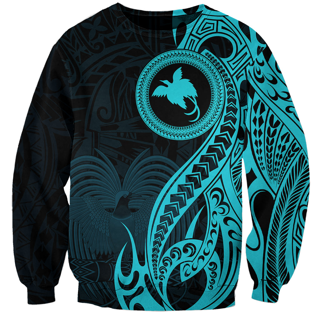 Papua New Guinea Island Sweatshirt Bird of Paradise with Aqua Polynesian Tribal LT9 Unisex Aqua - Polynesian Pride