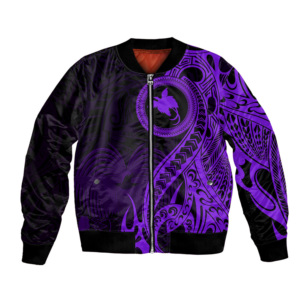 Papua New Guinea Island Bomber Jacket Bird of Paradise with Purple Polynesian Tribal LT9 Unisex Purple - Polynesian Pride