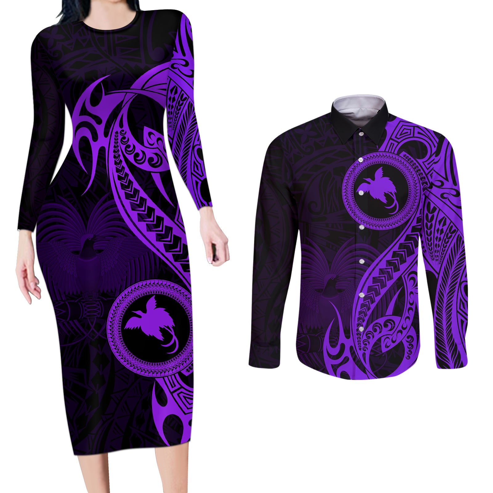 Papua New Guinea Island Couples Matching Long Sleeve Bodycon Dress and Long Sleeve Button Shirts Bird of Paradise with Purple Polynesian Tribal LT9 Purple - Polynesian Pride