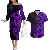 Papua New Guinea Island Couples Matching Off The Shoulder Long Sleeve Dress and Hawaiian Shirt Bird of Paradise with Purple Polynesian Tribal LT9 Purple - Polynesian Pride
