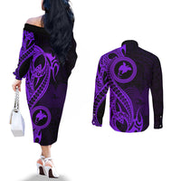 Papua New Guinea Island Couples Matching Off The Shoulder Long Sleeve Dress and Long Sleeve Button Shirts Bird of Paradise with Purple Polynesian Tribal LT9 - Polynesian Pride