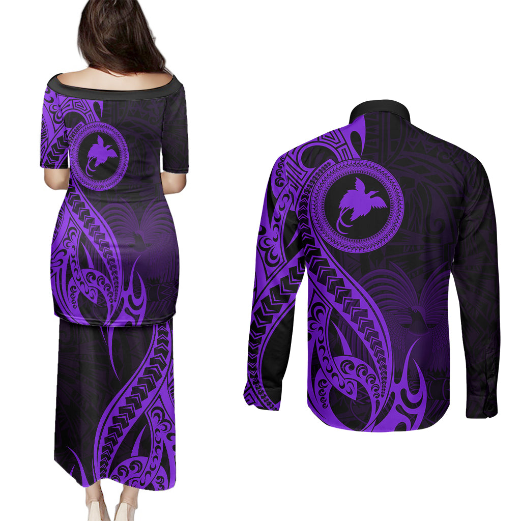 Papua New Guinea Island Couples Matching Puletasi Dress and Long Sleeve Button Shirts Bird of Paradise with Purple Polynesian Tribal LT9 - Polynesian Pride
