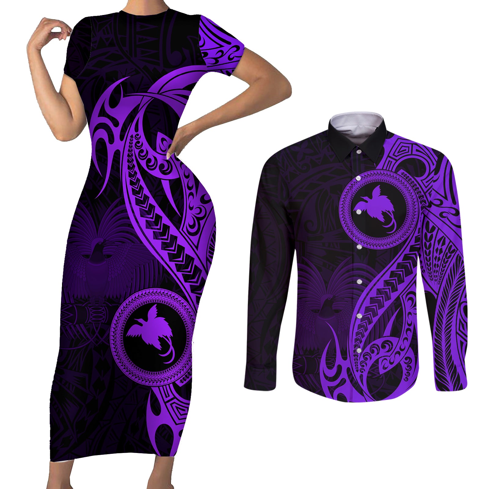 Papua New Guinea Island Couples Matching Short Sleeve Bodycon Dress and Long Sleeve Button Shirts Bird of Paradise with Purple Polynesian Tribal LT9 Purple - Polynesian Pride