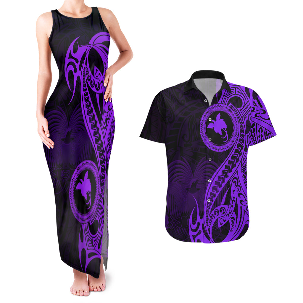 Papua New Guinea Island Couples Matching Tank Maxi Dress and Hawaiian Shirt Bird of Paradise with Purple Polynesian Tribal LT9 Purple - Polynesian Pride