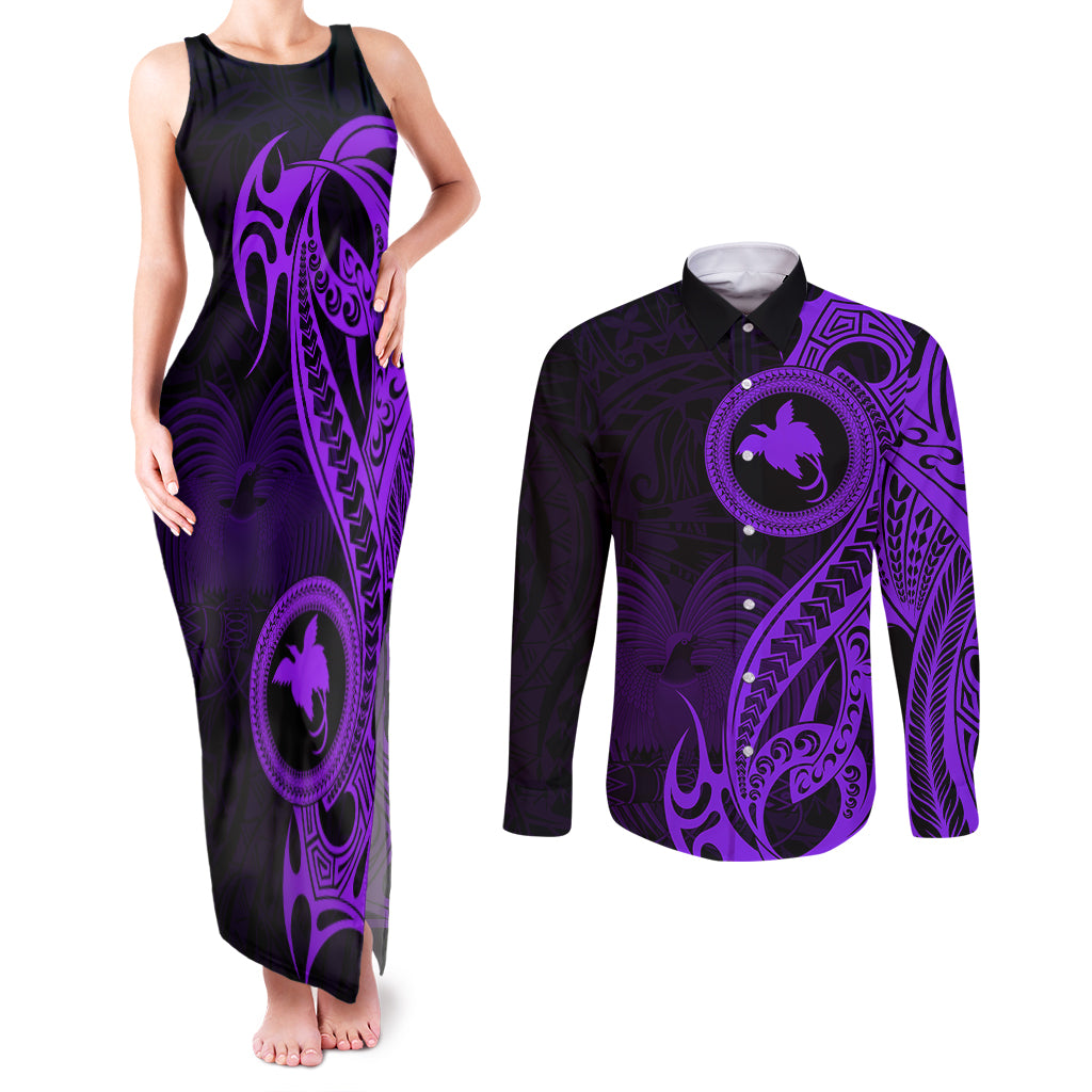 Papua New Guinea Island Couples Matching Tank Maxi Dress and Long Sleeve Button Shirts Bird of Paradise with Purple Polynesian Tribal LT9 Purple - Polynesian Pride