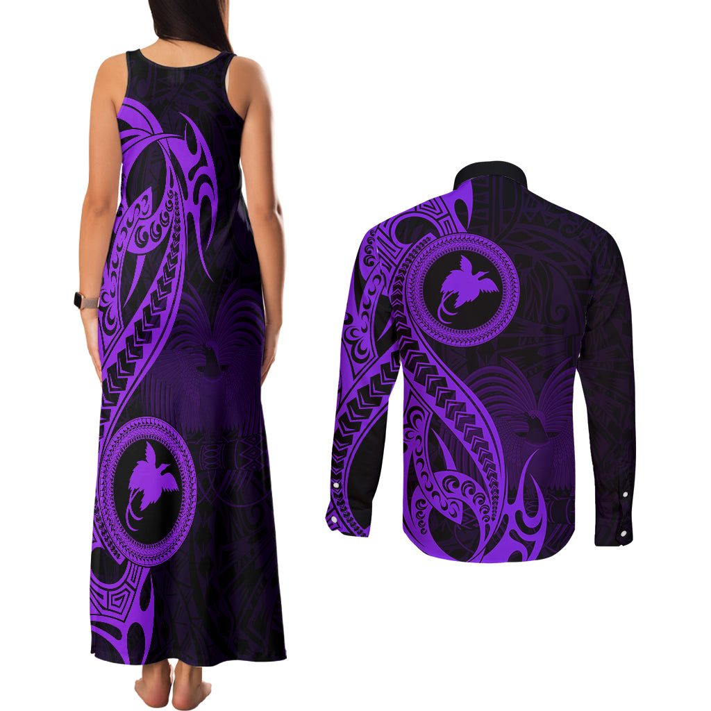 Papua New Guinea Island Couples Matching Tank Maxi Dress and Long Sleeve Button Shirts Bird of Paradise with Purple Polynesian Tribal LT9 - Polynesian Pride