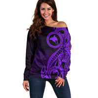 Papua New Guinea Island Off Shoulder Sweater Bird of Paradise with Purple Polynesian Tribal LT9 Women Purple - Polynesian Pride