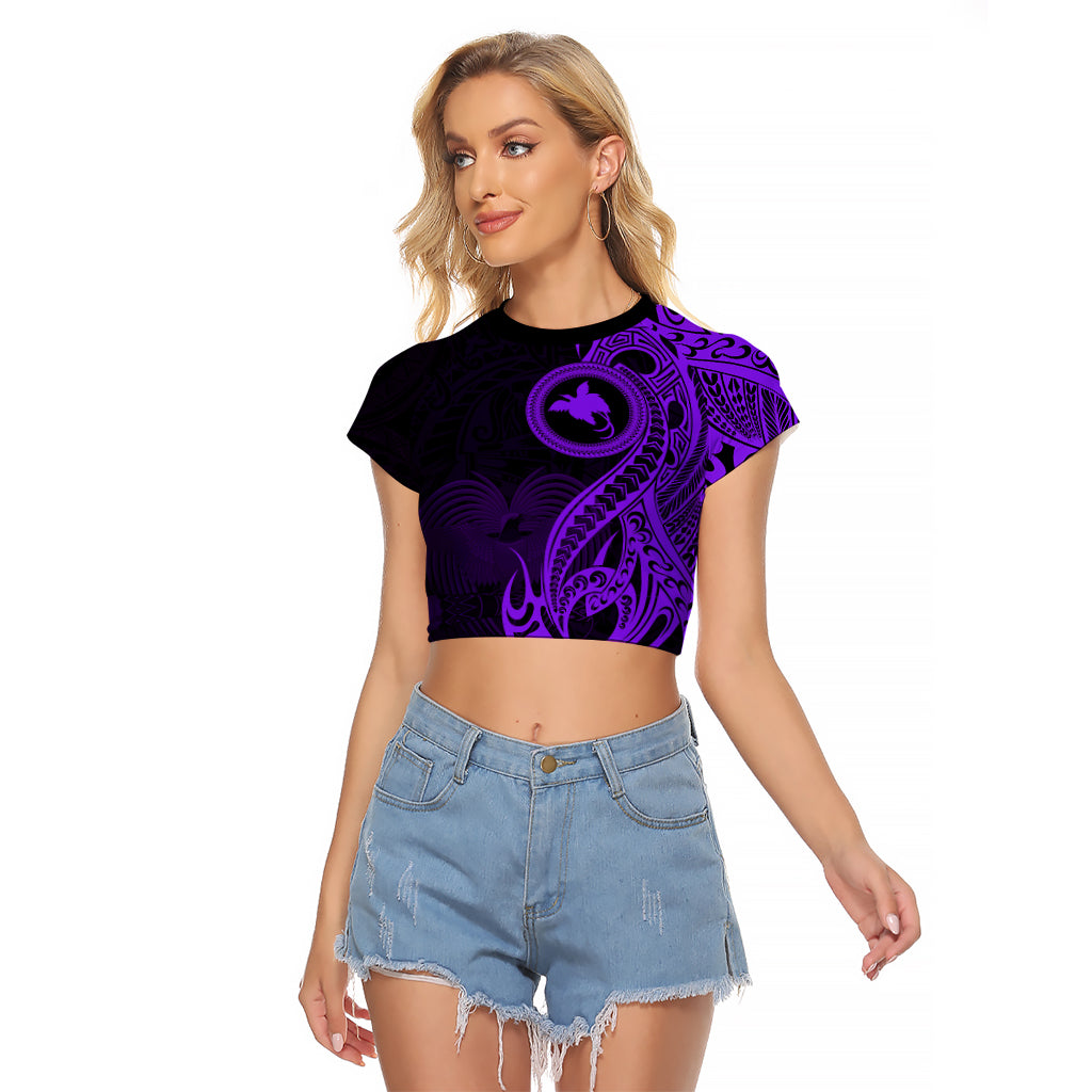 Papua New Guinea Island Raglan Cropped T Shirt Bird of Paradise with Purple Polynesian Tribal LT9 Female Purple - Polynesian Pride