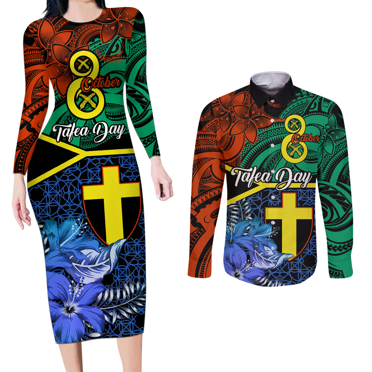 tafea-day-couples-matching-long-sleeve-bodycon-dress-and-long-sleeve-button-shirts-vanuatu-sand-drawing-with-polynesian-pattern