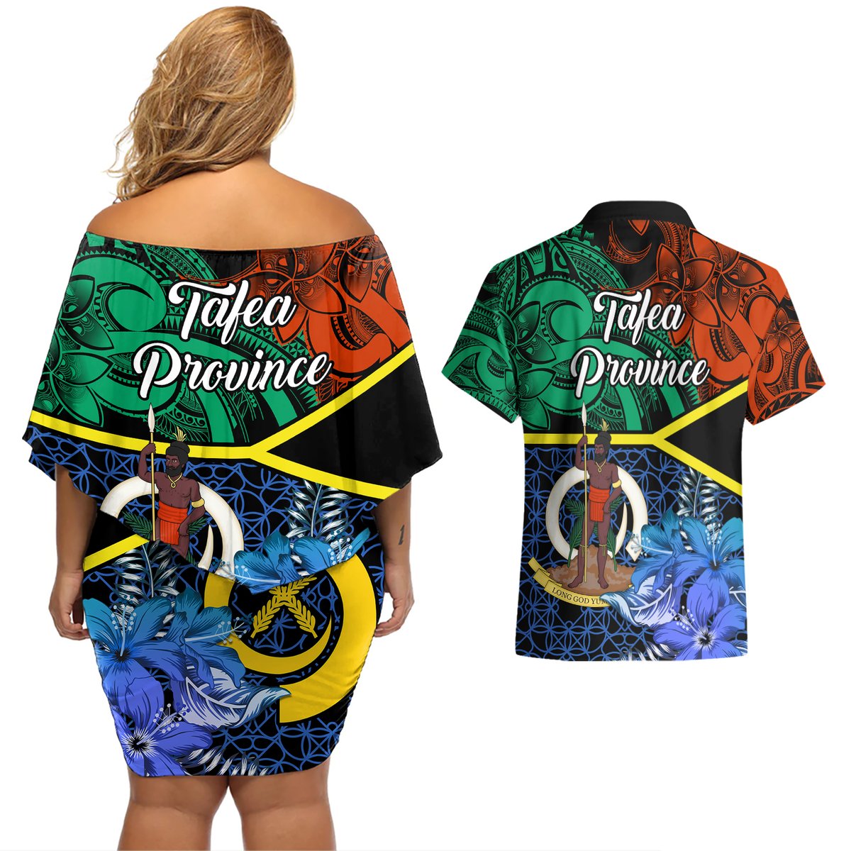 tafea-day-couples-matching-off-shoulder-short-dress-and-hawaiian-shirt-vanuatu-sand-drawing-with-polynesian-pattern