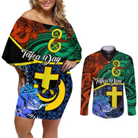 tafea-day-couples-matching-off-shoulder-short-dress-and-long-sleeve-button-shirts-vanuatu-sand-drawing-with-polynesian-pattern