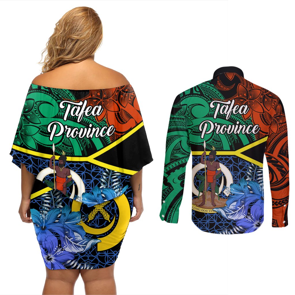 tafea-day-couples-matching-off-shoulder-short-dress-and-long-sleeve-button-shirts-vanuatu-sand-drawing-with-polynesian-pattern