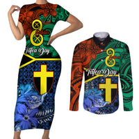 tafea-day-couples-matching-short-sleeve-bodycon-dress-and-long-sleeve-button-shirts-vanuatu-sand-drawing-with-polynesian-pattern