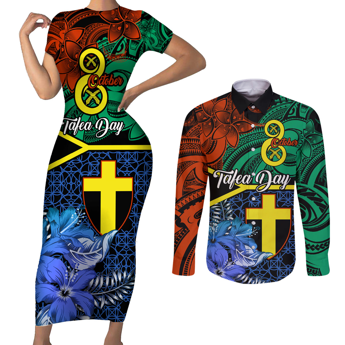 personalised-tafea-day-couples-matching-short-sleeve-bodycon-dress-and-long-sleeve-button-shirts-vanuatu-sand-drawing-with-polynesian-pattern