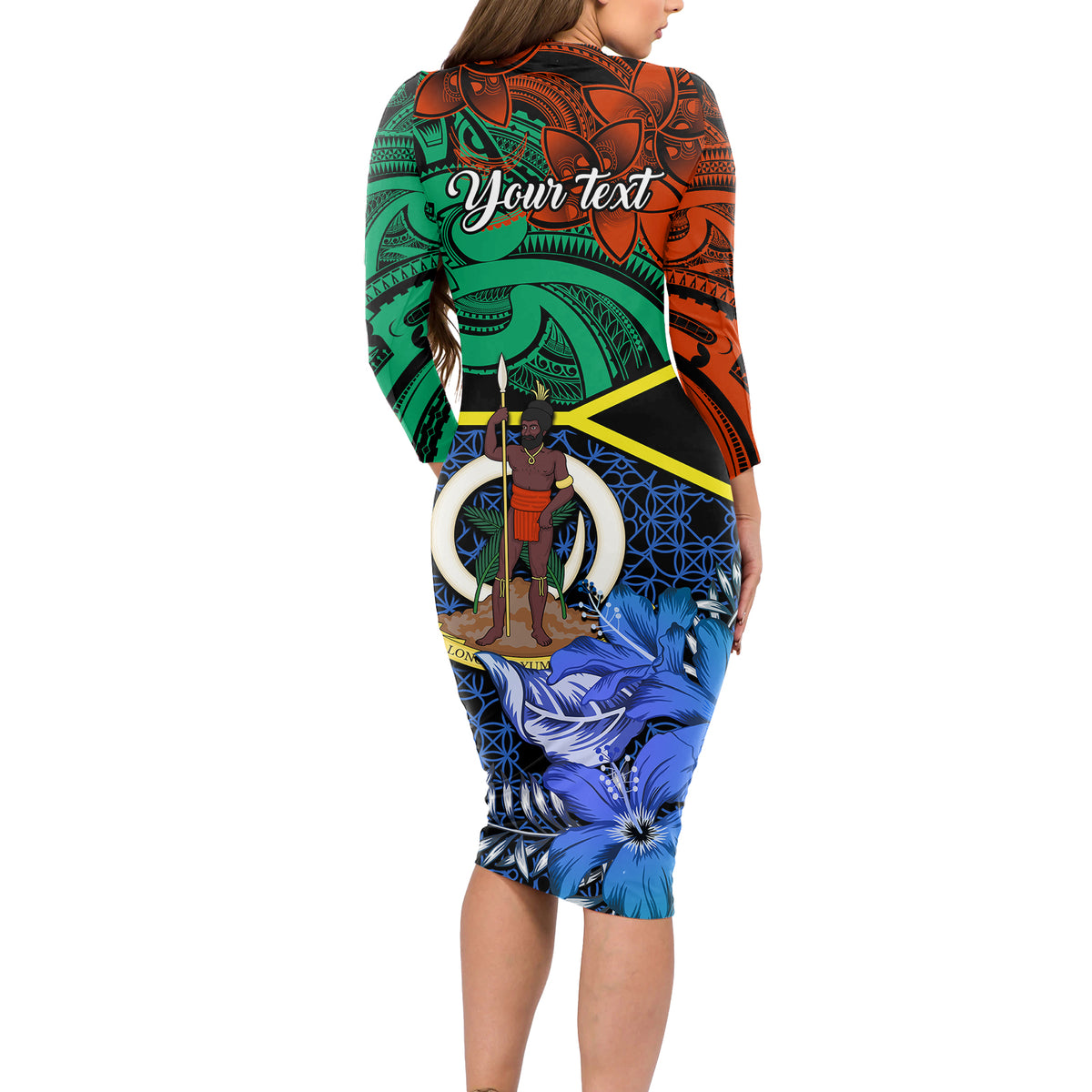 personalised-tafea-day-long-sleeve-bodycon-dress-vanuatu-sand-drawing-with-polynesian-pattern